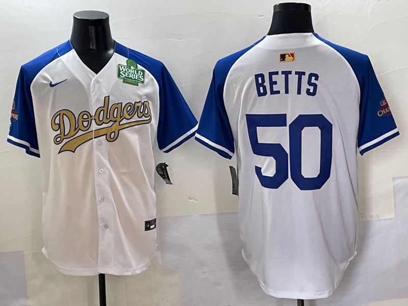 Men Los Angeles Dodgers 50 Betts White Blue Champion gold character Nike 2025 MLB Jersey style 5054